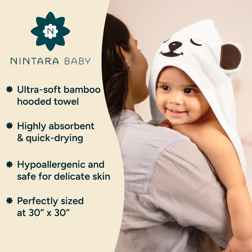 Nintara Baby Hooded Towel  -  Bamboo Cotton Bath Wrap, 30" x 30" (76 cm x 76 cm), Ultra - Absorbent - Bear
