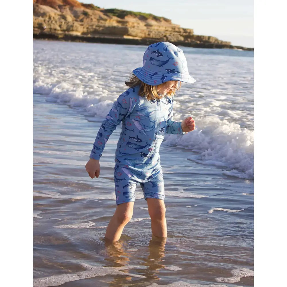Purebaby Blue Unisex Long Sleeve Sunsuit - Whale Pod Print