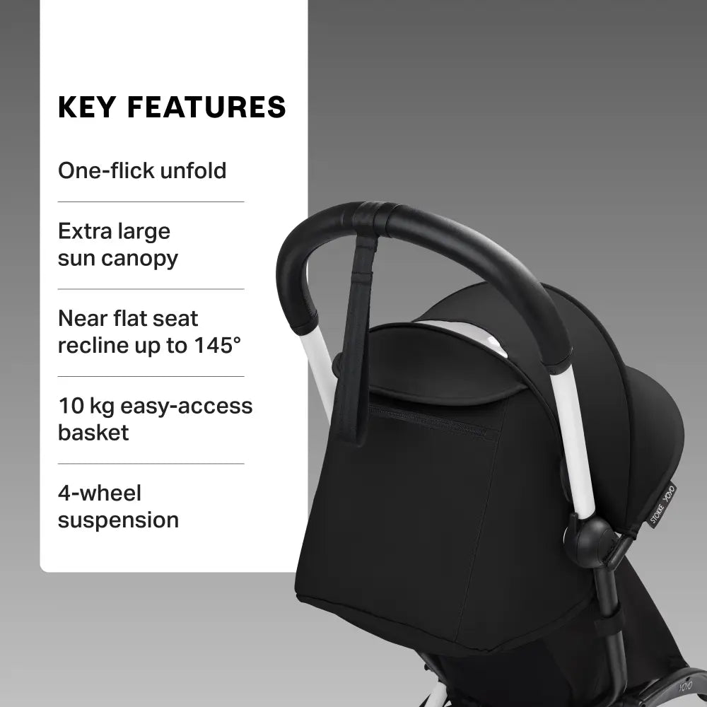 Stokke YOYO3 Stroller | Lightweight Compact Travel Stroller for Babies | Cabin Friendly &amp; Foldable | UPF 50+ Sun Protection | 5 Point Safety Harness | Award Winning Design | YOYO Stroller India | 6 Months to 4 Years – White/Black