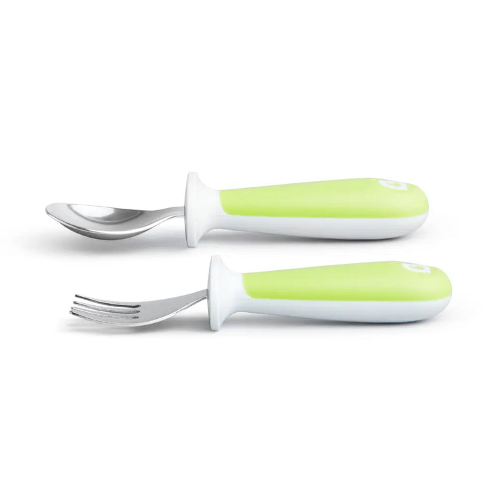 Munchkin Raise  Toddler Fork &amp; Spoon Set – Self-Feeding Utensils with Germ-Free Raised Base, BPA-Free, 12+ Months - Green