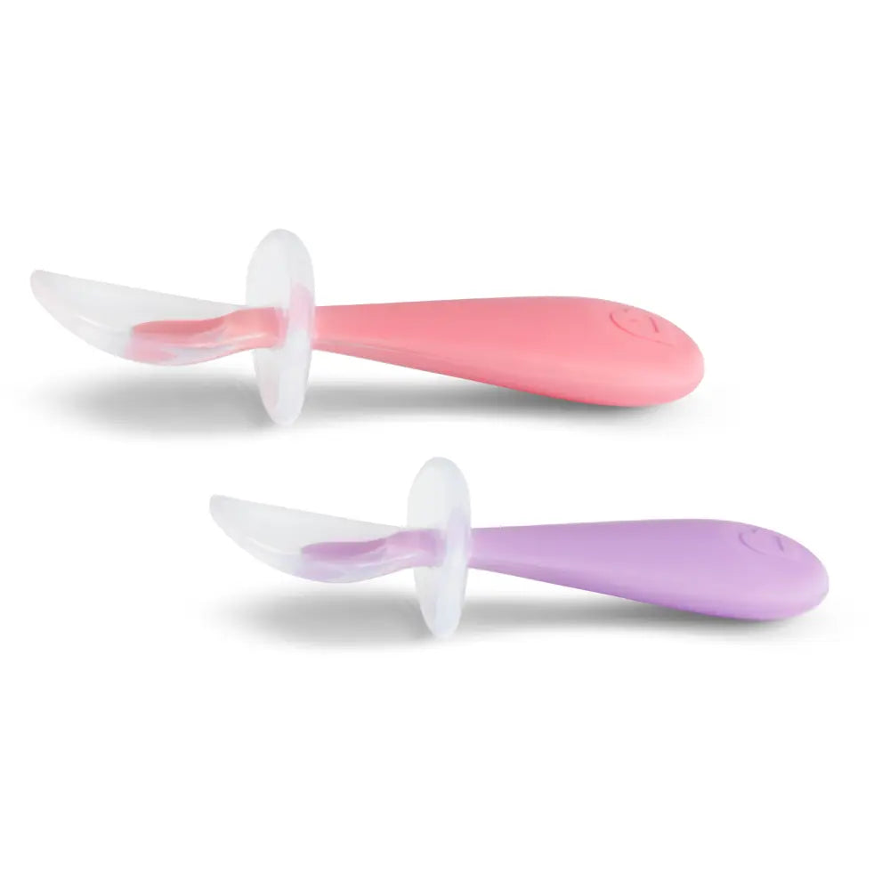 Munchkin Gentle Silicone Training Spoon Set – Anti-Choking Self-Feeding Spoons with Spoon Rest, BPA-Free, 6+ Months - Purple &amp; Pink