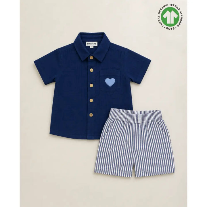 Sweetlime By AS Baby Boys Solid Cotton Shirt &amp; Striped Shorts Co-Ord Set -  Navy Blue &amp; White