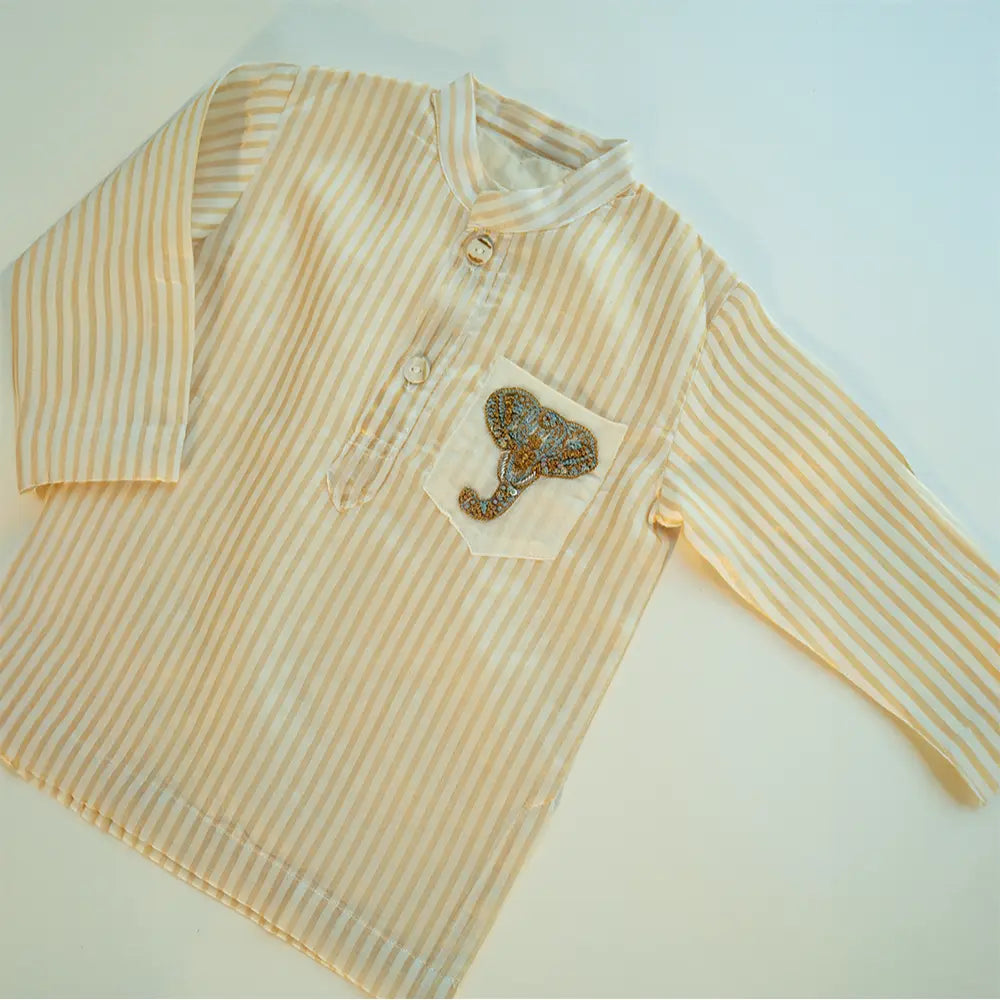PureCloth.Co Royal Elephant | Boys Silk Kurta - Golden Stripe