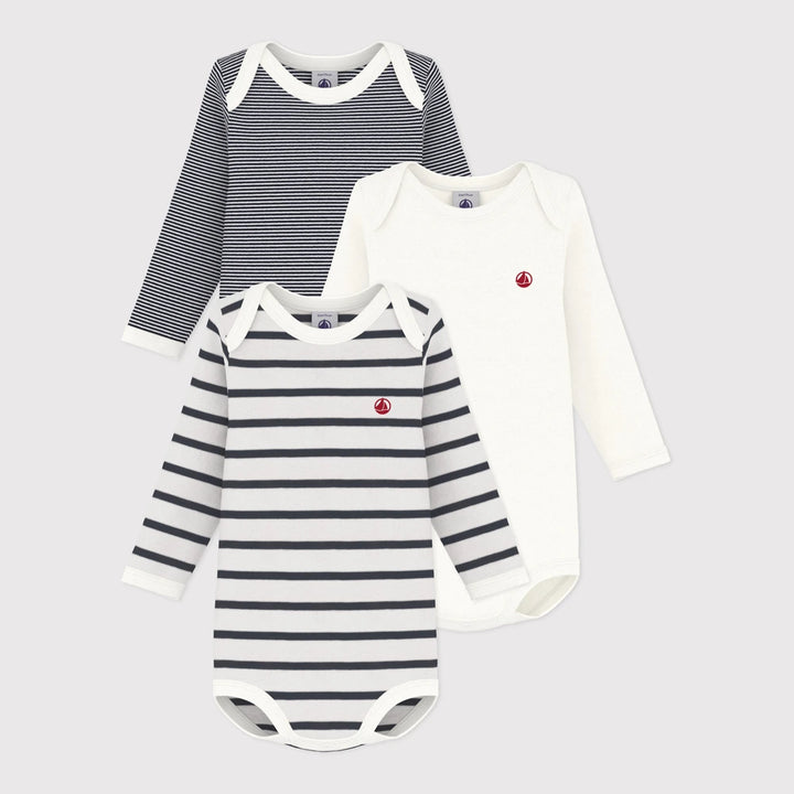 Petit Bateau Unisex Cotton Long Sleeved Stripped Bodysuits - Pack of 3