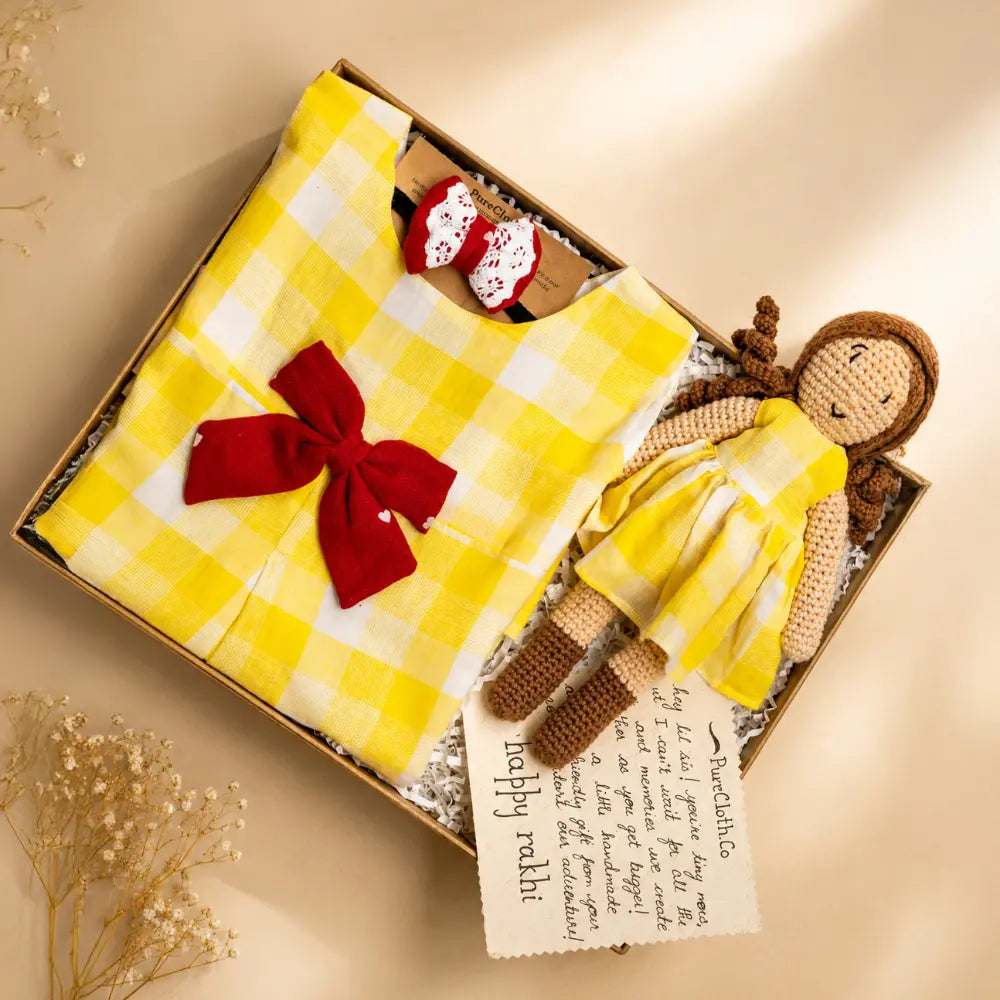 PureCloth.Co Baby Girl Gift Hamper | Yellow Check Rakhi Gift Hamper For Sister - Yellow
