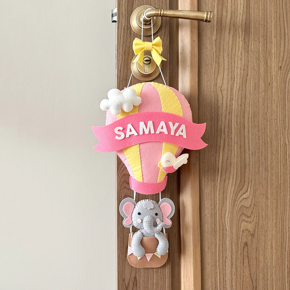 GWD Kids Elephant in a Hot Air Balloon Name Wall Hanging - Pink