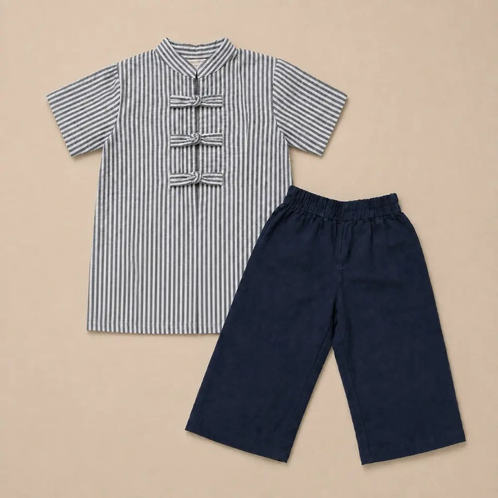 Sweetlime By AS Organic Cotton Striped Kurta with Navy Blue Pants Co-Ord Set
