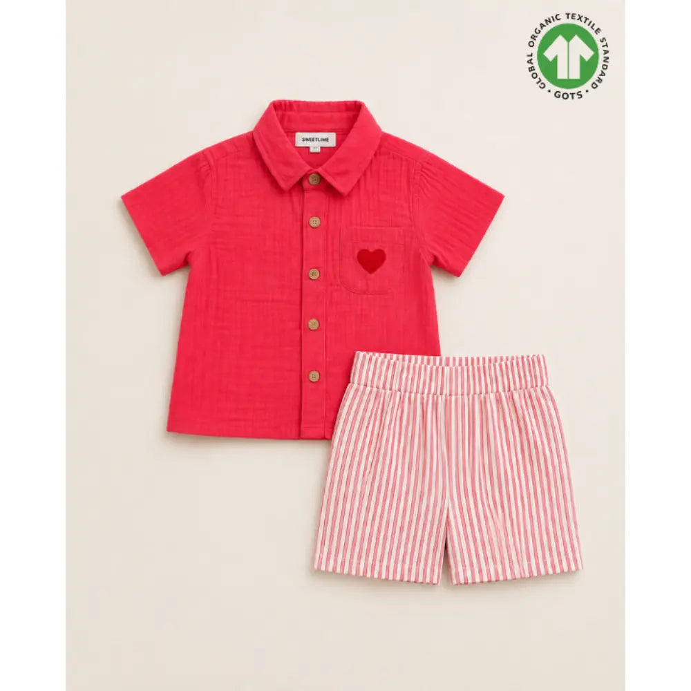 Sweetlime By AS Baby Boys Coral Cotton Shirt with Red Stripe Cotton Shorts Co-ord Set