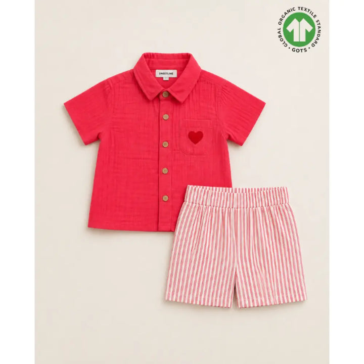 Sweetlime By AS Baby Boys Coral Cotton Shirt with Red Stripe Cotton Shorts Co-ord Set