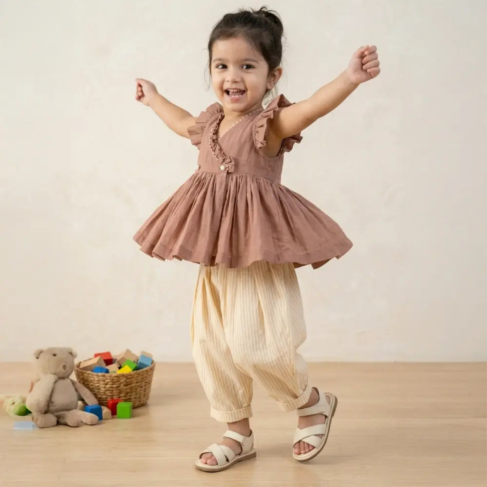 PureCloth.Co Flutter Top &amp; Golden Stripe Balloon Pants Brown &amp; Golden Stripe