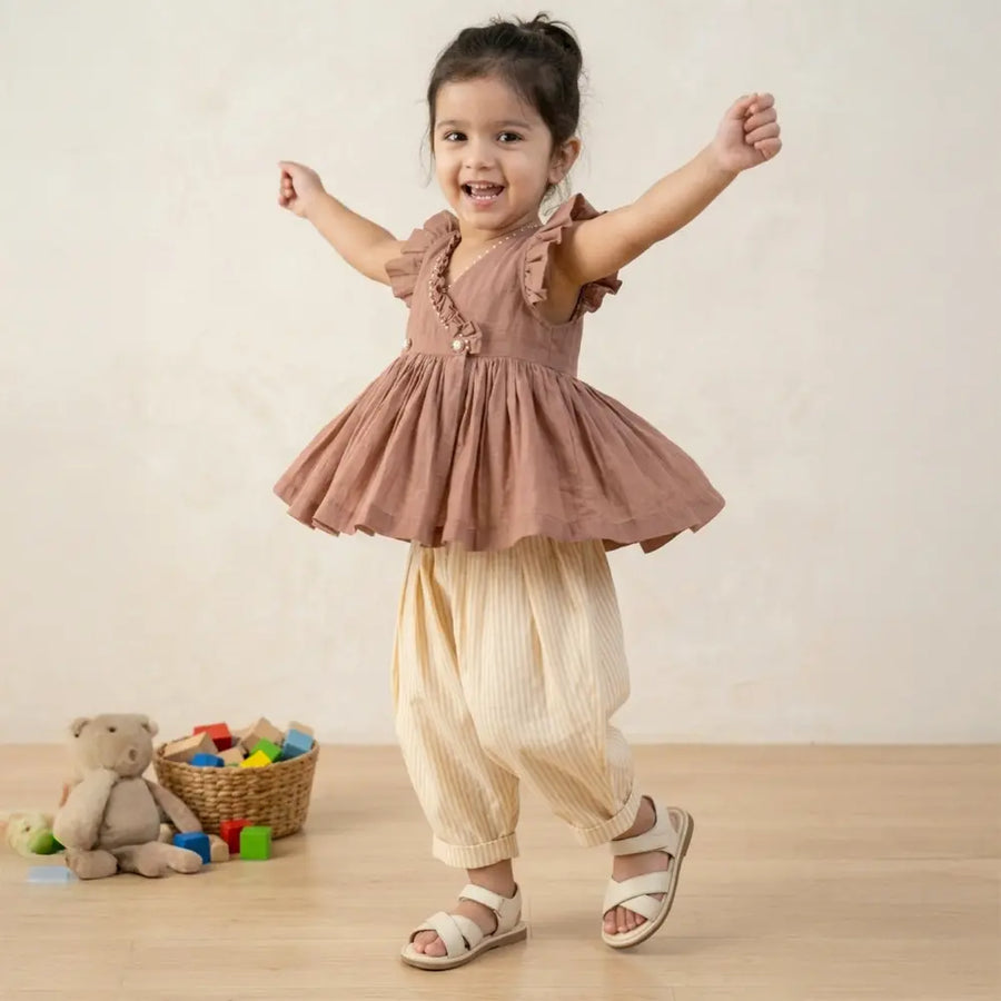 PureCloth.Co Flutter Top & Golden Stripe Balloon Pants Brown & Golden Stripe