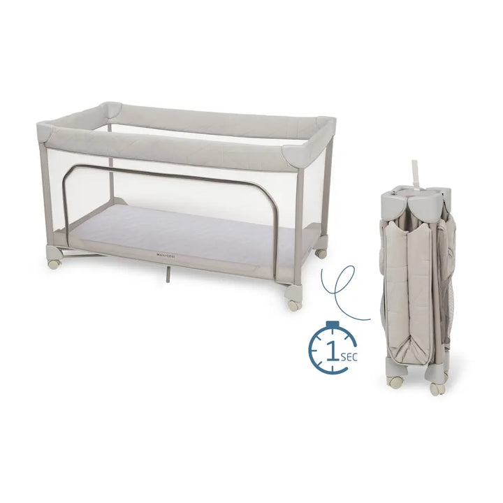 Maxi-Cosi Merlin Travel Cot, One-Step Fold, 3cm Thick Cushioned Mattress, Travel-Friendly with Included Travel Bag, Birth-4 Years - Elegance Beige