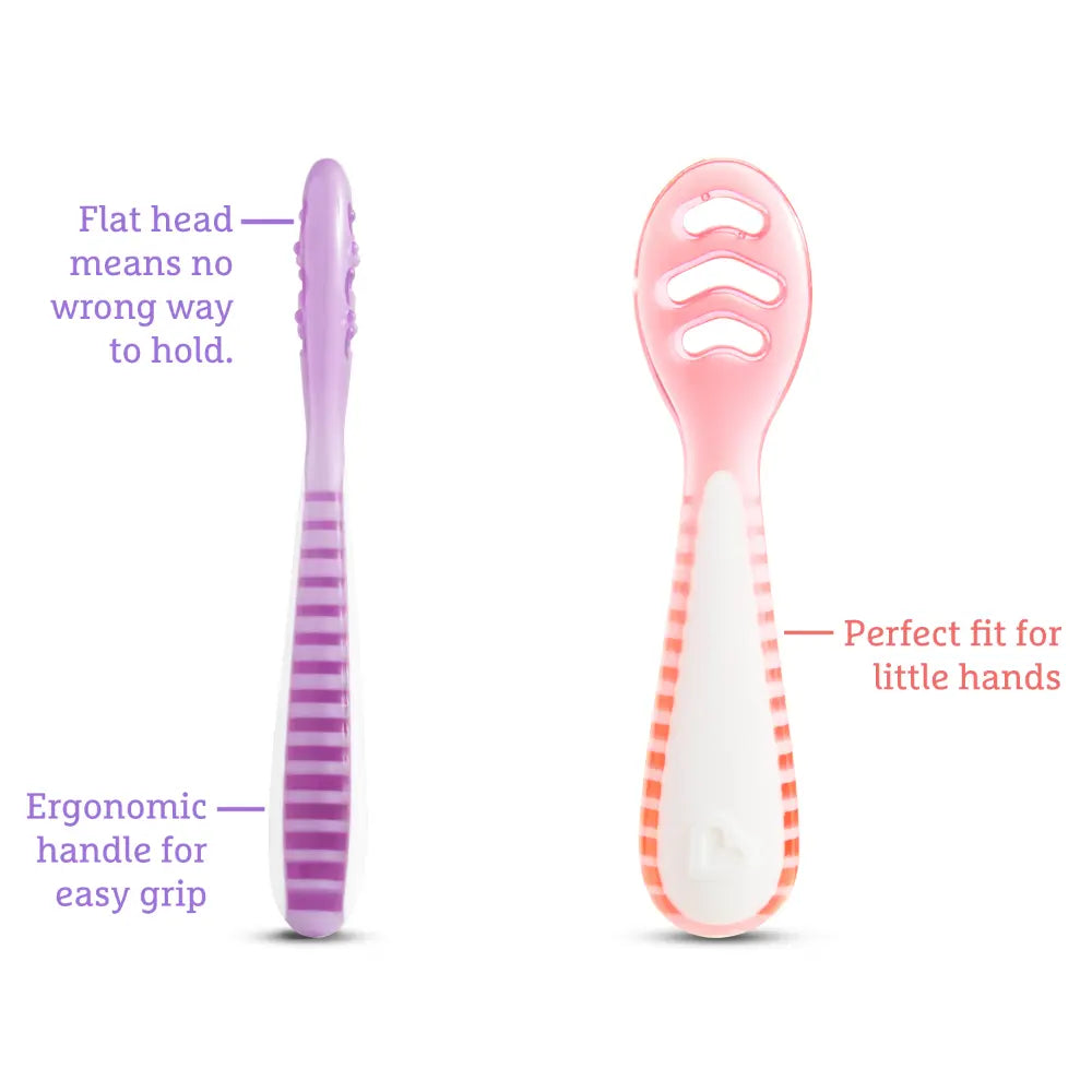 Munchkin Gentle Dip Multistage Infant Spoon Set, Silicone Self-Feeding Spoons for Baby-Led Weaning, Stage 1 &amp; Stage 2, BPA-Free, 4+ Months - Pink / Purple