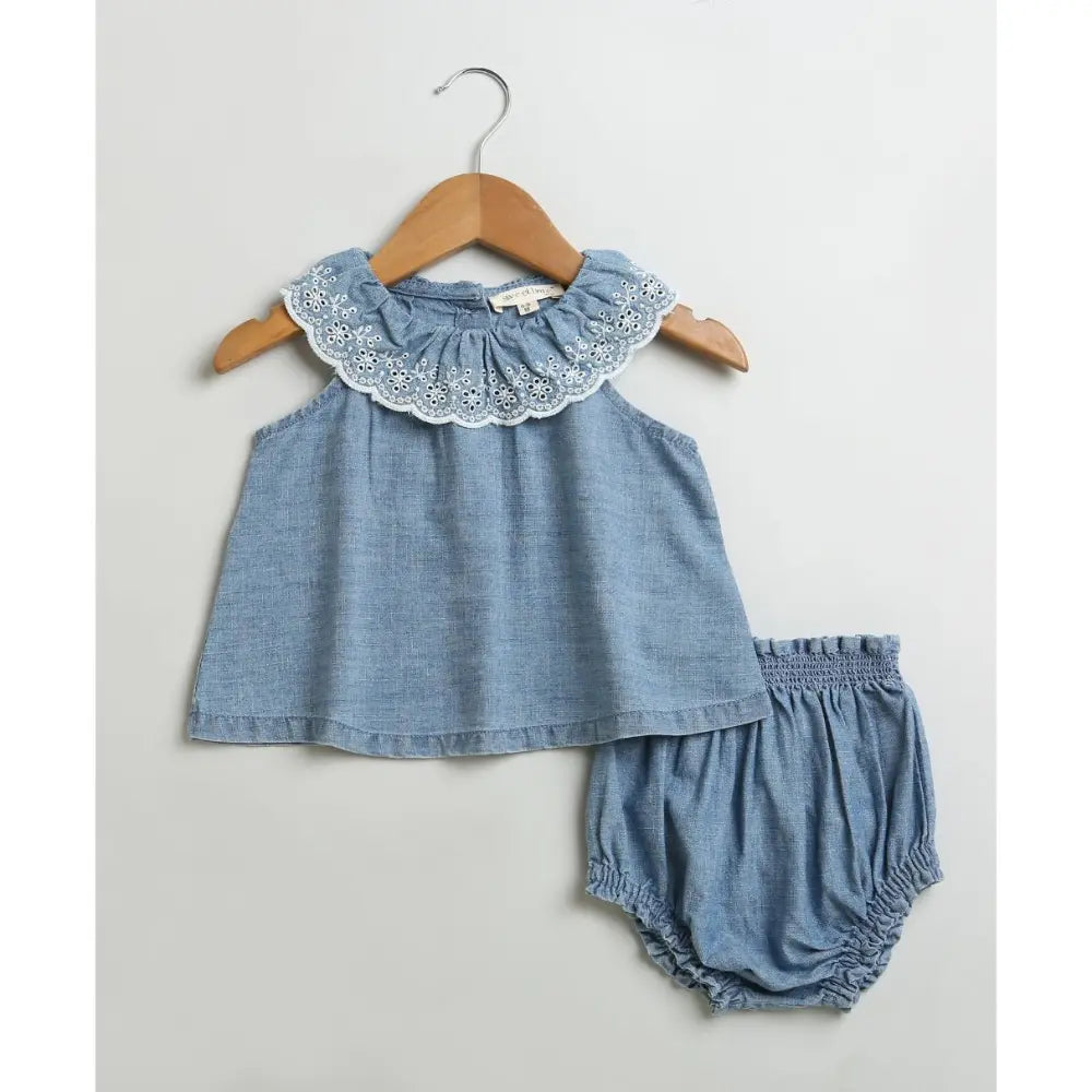 Sweetlime By AS Cotton Denim Ruffle Dress &amp; Bloomer Set - Blue
