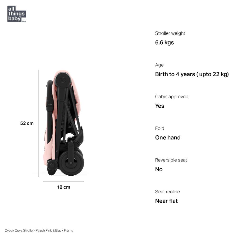 Cybex COYA Compact Travel Friendly Stroller - Peach Pink Matt Black Frame