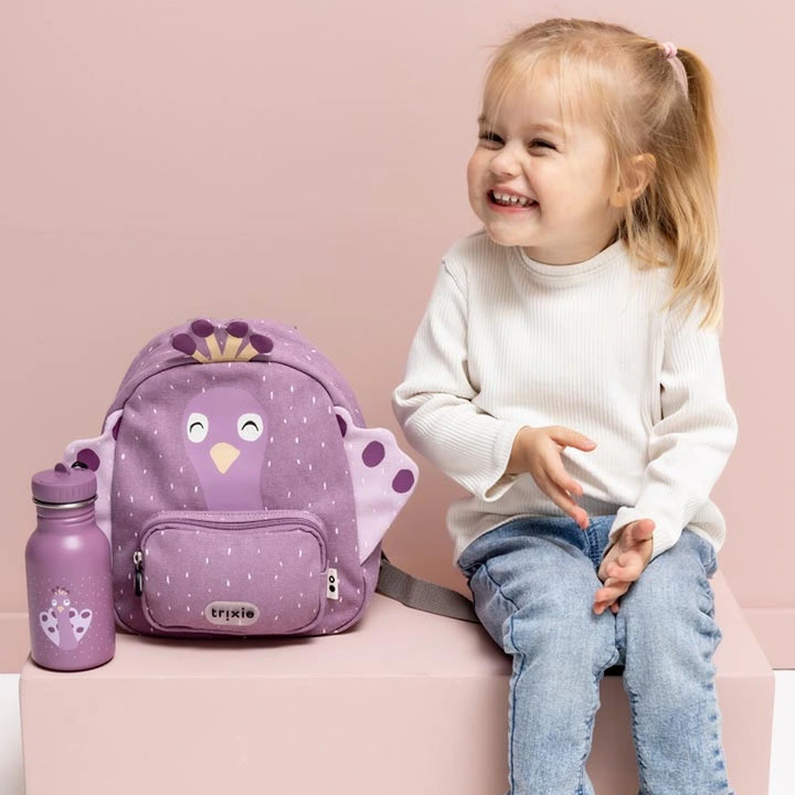 Trixie Small Kids Backpack for Toddlers | Lightweight Water-Repellent Daycare &amp; Travel Bag with Adjustable Padded Straps, Front Pocket &amp; Name Tag | 2 Years Onwards | Mrs. Peacock