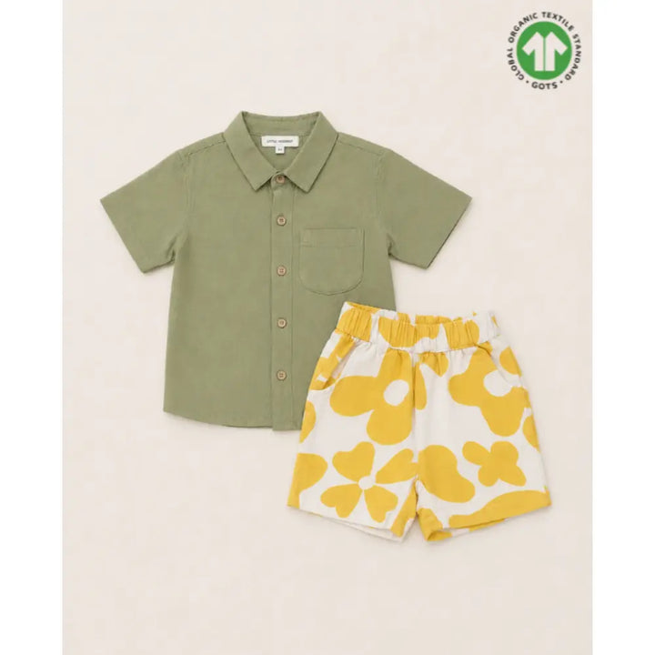 Sweetlime By AS Olive Cotton Shirt with Yellow Floral Printed Shorts Co-ord Set