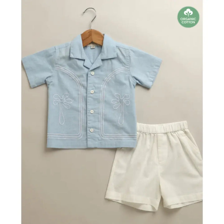 Sweetlime By AS Baby Boys Blue Palm Embroidered Shirt &amp; Shorts Co-Ord Set Blue &amp; White