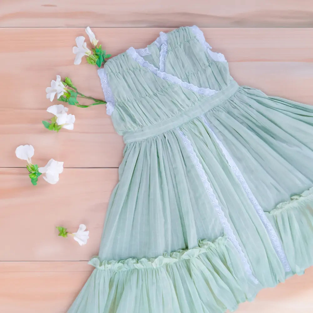 PureCloth.Co Classic Lace Dress - Green Stripe-Mul Cotton Frock