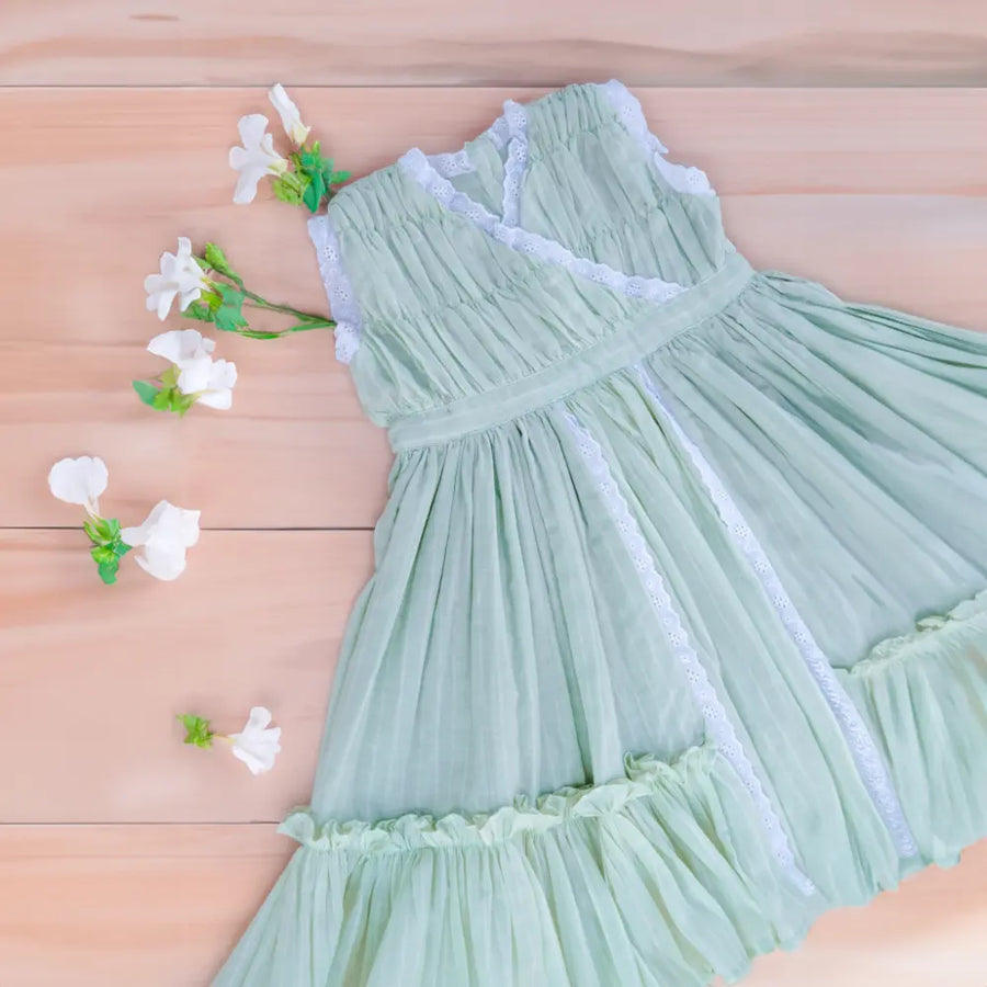 PureCloth.Co Classic Lace Dress - Green Stripe-Mul Cotton Frock