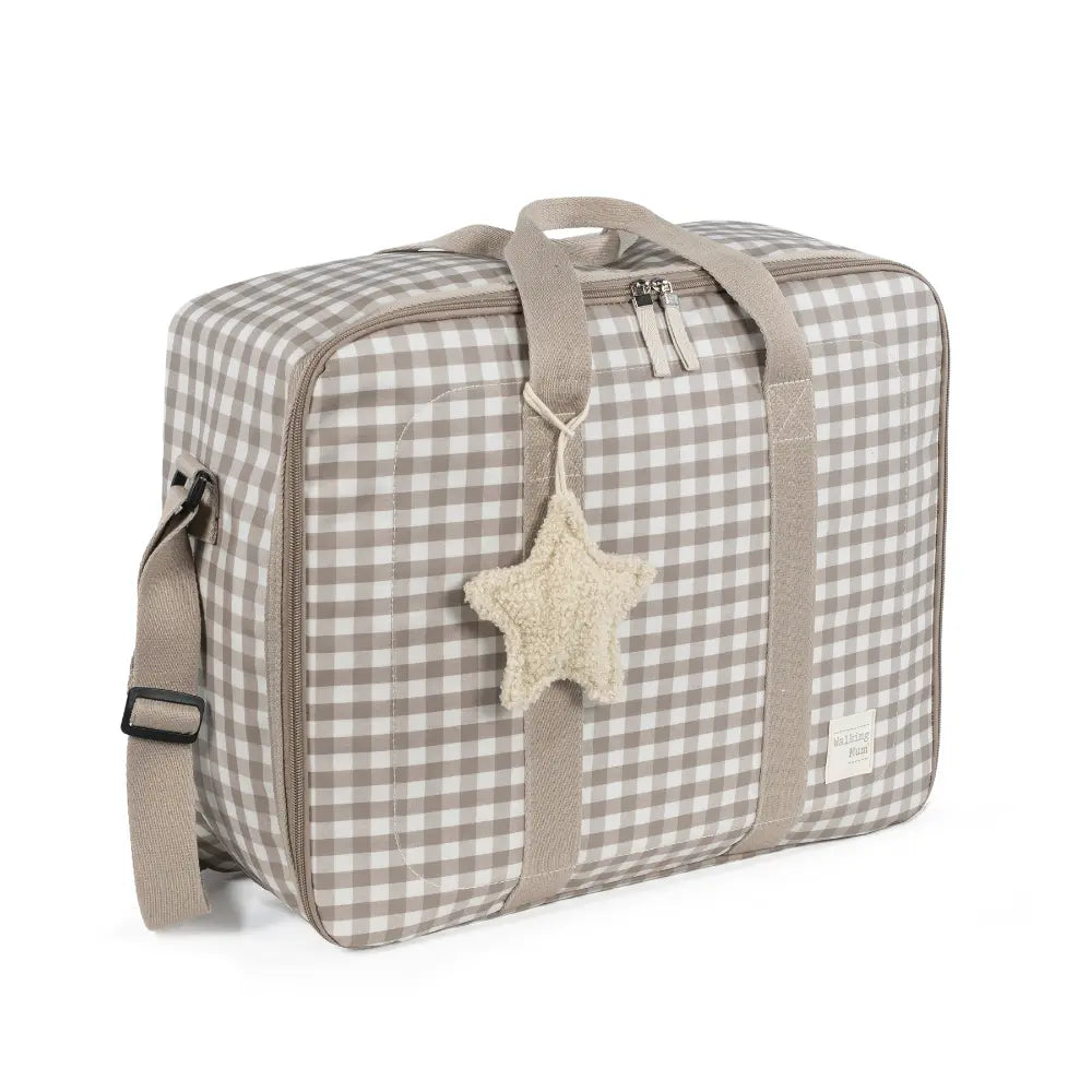 Walking Mum Maternity Hospital Bag with Large Capacity, Water-Resistant Multi-Storage Organizer, Hand Handles &amp; Shoulder Straps, Personalized Charm, Checkered Print - Sand