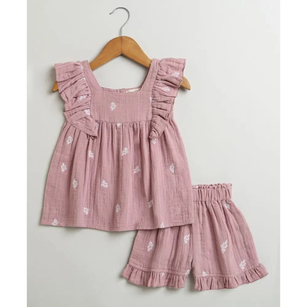 Sweetlime By AS Leaf Embroidered Ruffle Organic Cotton Co-ord Set - Dusty Pink