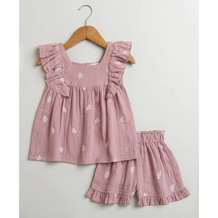 Sweetlime By AS Leaf Embroidered Ruffle Organic Cotton Co-ord Set - Dusty Pink