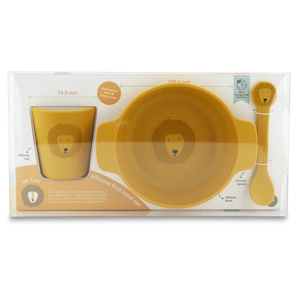 Trixie Silicone First Meal Set | 100% Food-Grade Silicone Feeding Set with Bowl, Cup &amp; Spoon for Baby Weaning &amp; Self-Feeding | 4 Months Onwards | Mr. Lion