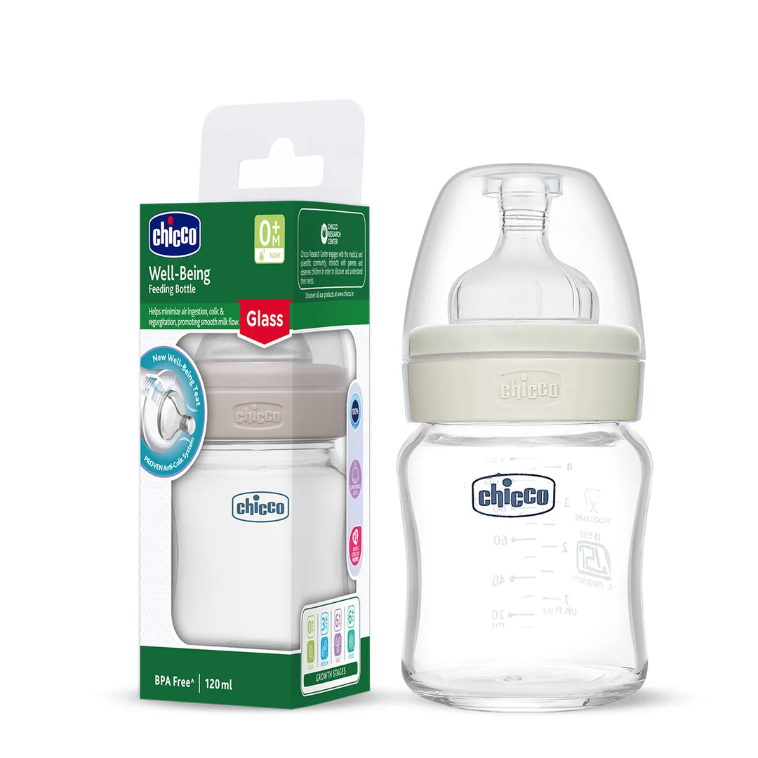 Chicco Well-Being Glass Feeding Bottle (120ml, Slow Flow) - Neutral