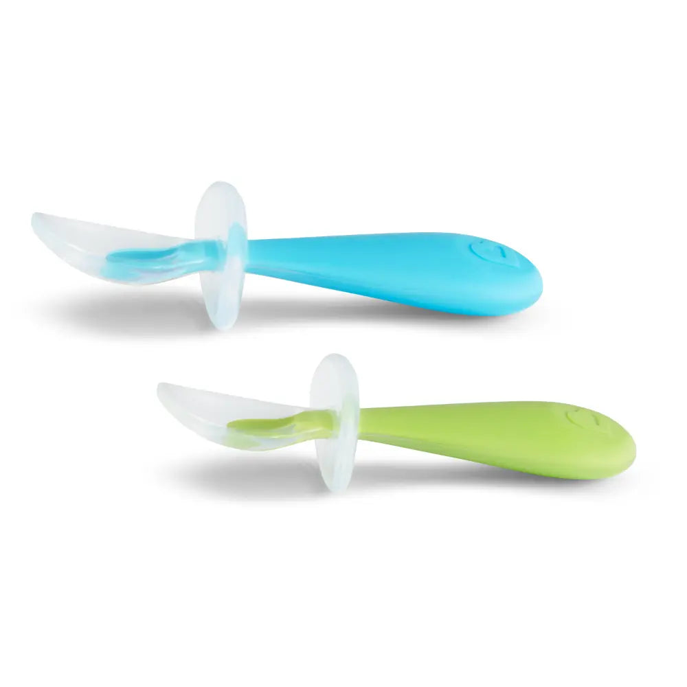 Munchkin Gentle Silicone Training Spoon Set – Anti-Choking Self-Feeding Spoons with Spoon Rest, BPA-Free, 6+ Months - Green &amp; Blue