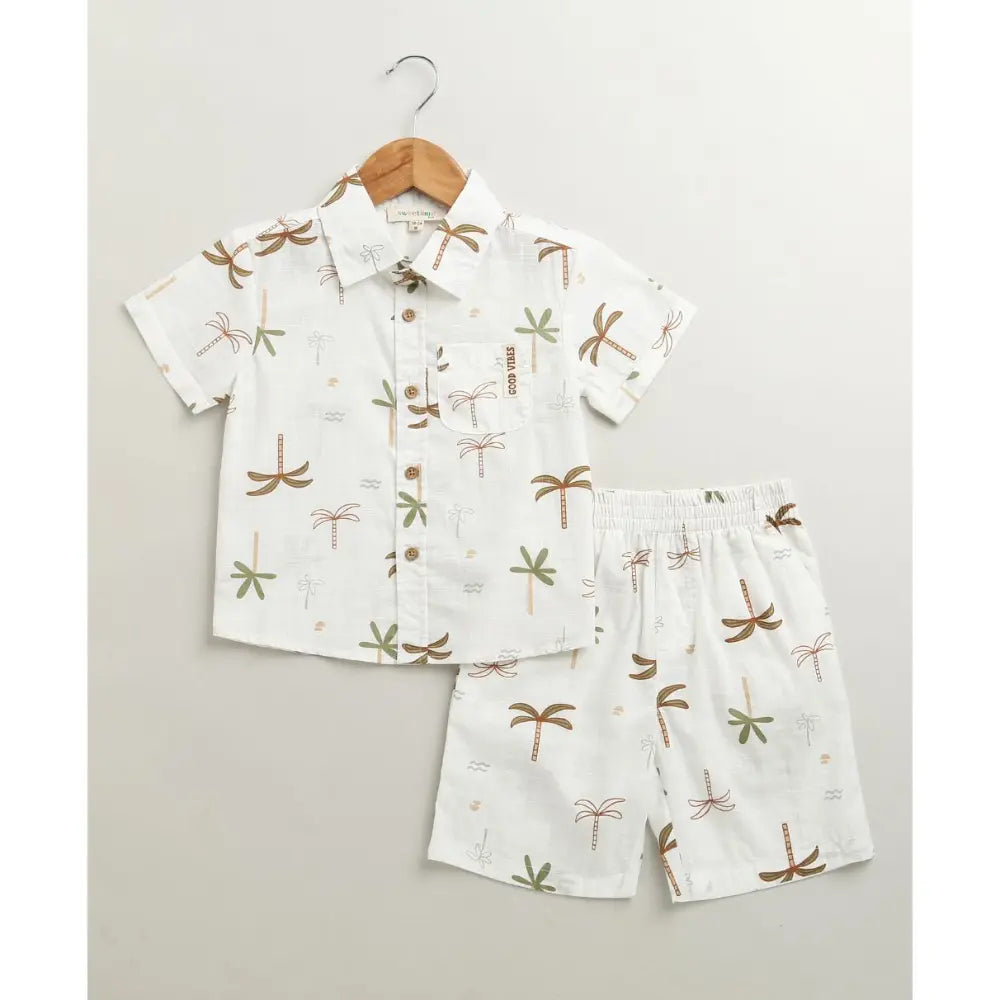 Sweetlime By AS Tropical Breeze Cotton Co-ord Set - White(Double Cloth)