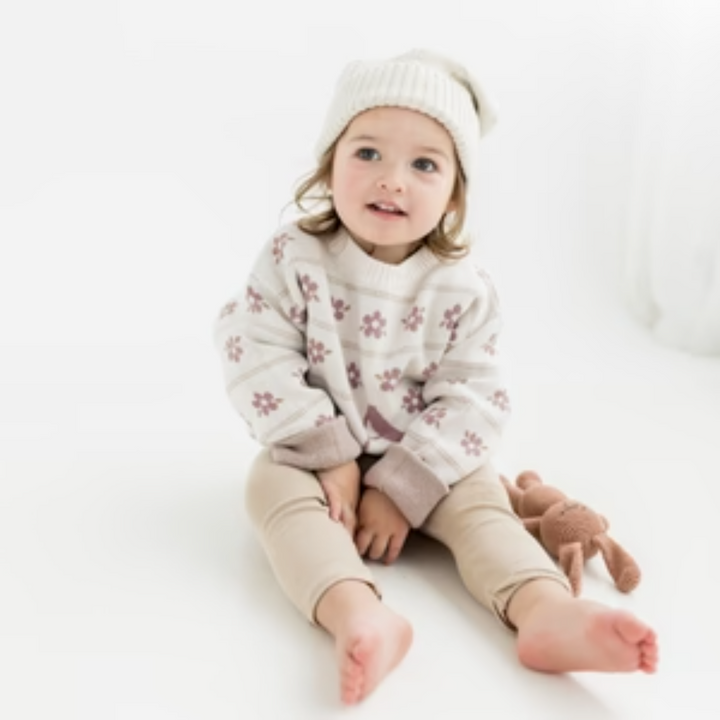 NamelyCo Floral Letter Beanie - Oatmeal
