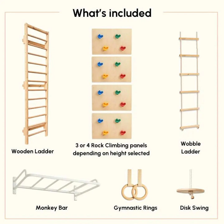 Curious Cub Space Saver Jungle Gym 3 | 6 Components - Wooden Ladder | Rock Climbing | Wobble Ladder | Monkey Bar | Gymnastics Ring | Disk Swing | Ages 4-15 Years