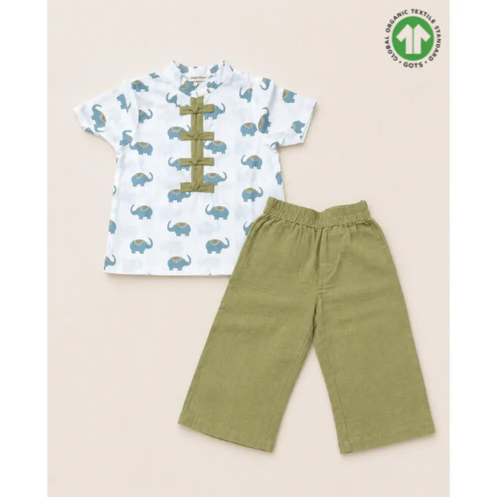 Sweetlime By AS Baby Boys Elephant Printed Cotton Mandarin Kurta with Olive Cotton Pants Co-ord Set - White &amp; Olive Green