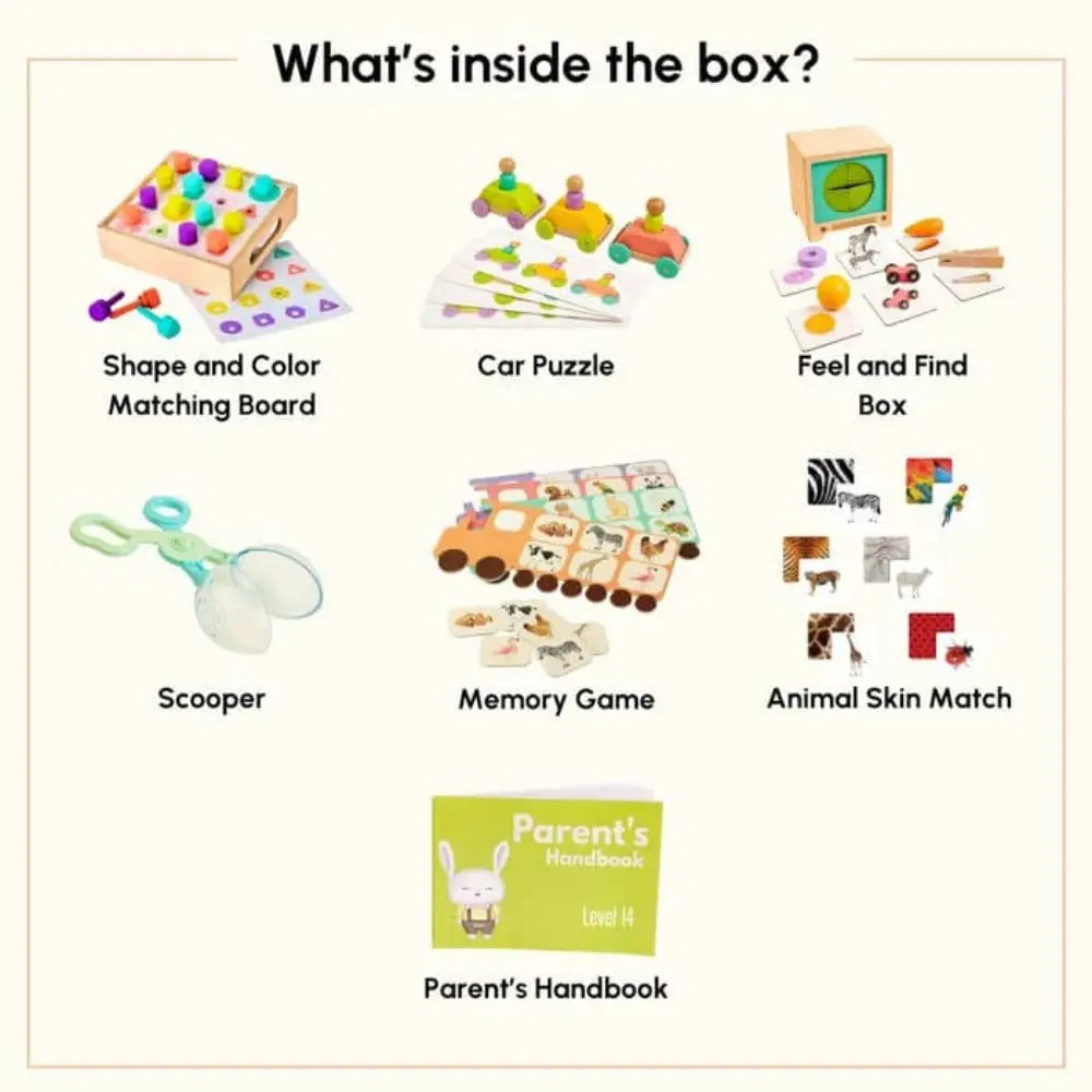 Curious Cub Montessori Box 14 | 7-Piece Sensory &amp; Cognitive Toy Kit | Memory Game, Mosaic Board &amp; More | 2.9 Yrs+