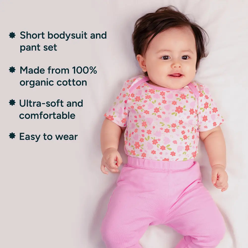 Nintara Baby 100% Cotton Unisex Bodysuit &amp; Pant Set – Baby Bloom (Pack of 2)