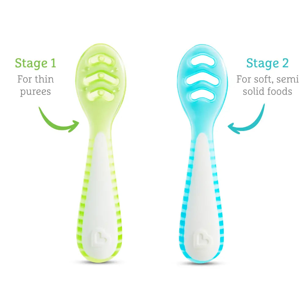 Munchkin Gentle Dip Multistage Infant Spoon Set, Silicone Self-Feeding Spoons for Baby-Led Weaning, Stage 1 &amp; Stage 2, BPA-Free, 4+ Months - Blue / Green