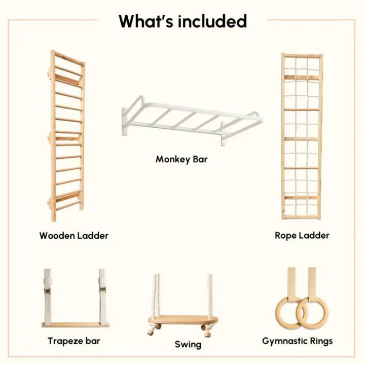 Curious Cub Ultimate Jungle Gym 2 | 6 Components - Monkey Bar, Wooden Ladder, Rope Ladder, Gymnastic Rings, Swing Trapeze bar | Ages 4-15 Years
