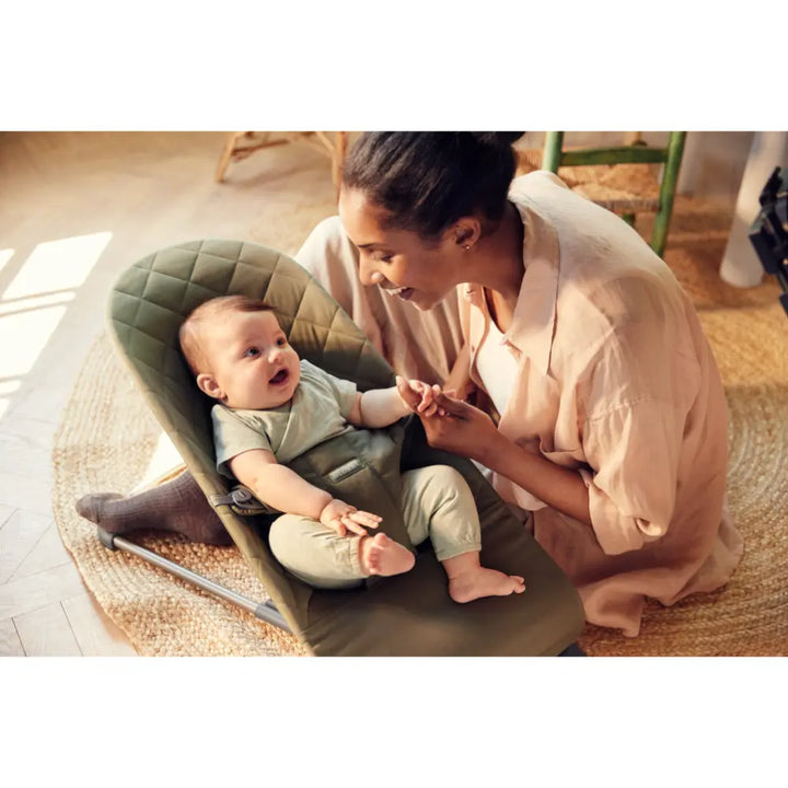 BabyBjorn Bliss Bouncer Quilted Fabric, Lightweight Ergonomic Baby Bouncer with Natural Rocking, Convertible to a Toddler Chair, Newborn to Toddler (0–2 Years) - Dark Green