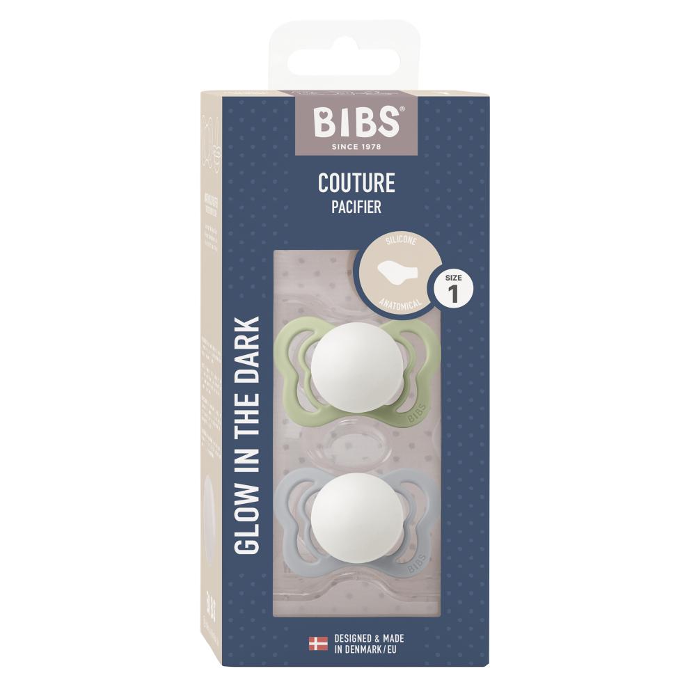 BIBS Glow in the Dark Silicone Orthodontic Nipple Pacifier Size 1 - Pack of 2 (Couture) - Sage & Cloud