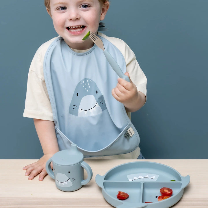 Trixie Waterproof Baby Bib Set | 2-Pack Feeding Bibs with Food Catcher Pocket, Adjustable Closure &amp; Easy-Clean Design | 3 Months Onwards | Mr. Shark