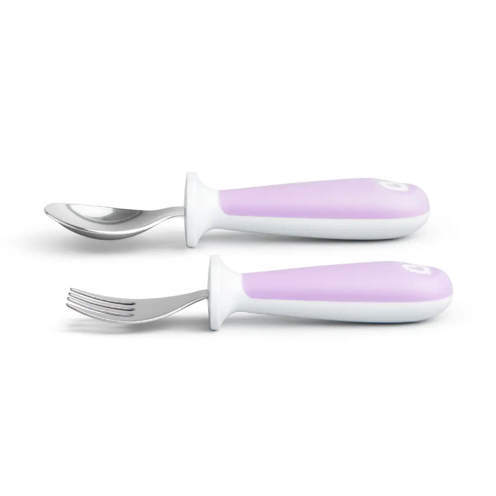Munchkin Raise  Toddler Fork &amp; Spoon Set – Self-Feeding Utensils with Germ-Free Raised Base, BPA-Free, 12+ Months - Purple