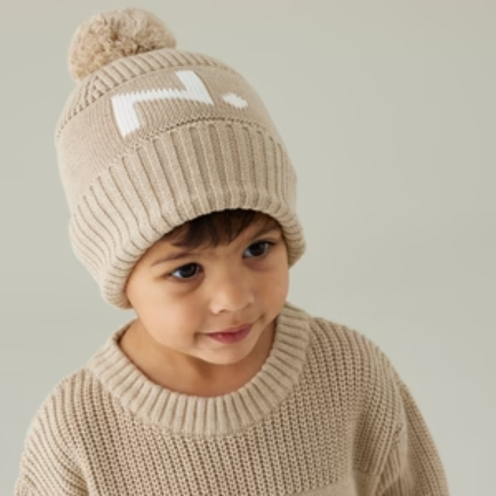 NamelyCo's Chunky Knit Letter Beanie - Light Camel