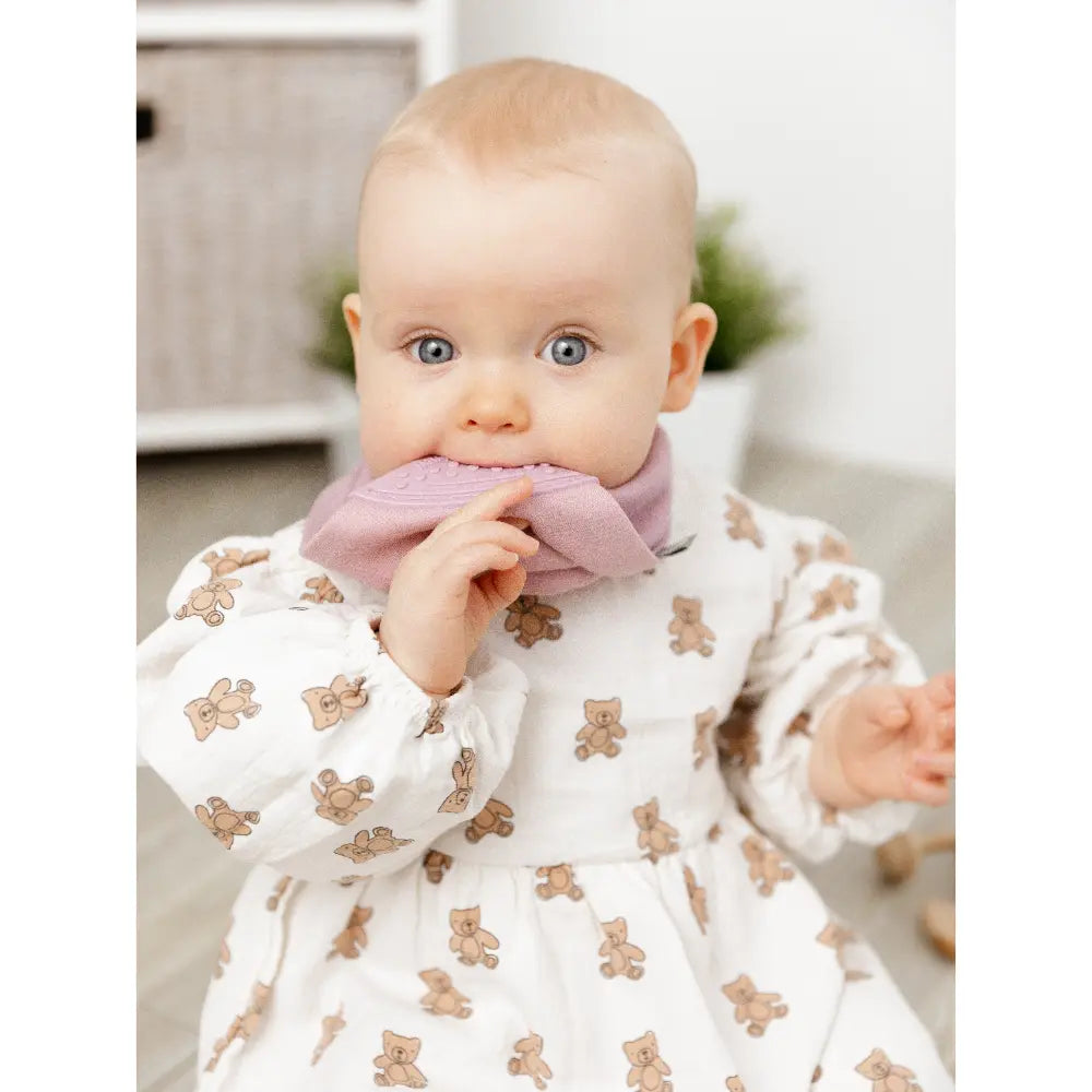 Cheeky Chompers Neckerchew for Babies &amp; Toddlers, Reversible Bib with Attached Silicone Teether, Super Absorbent, BPA-Free, 2–24 Months - Dusty Pink