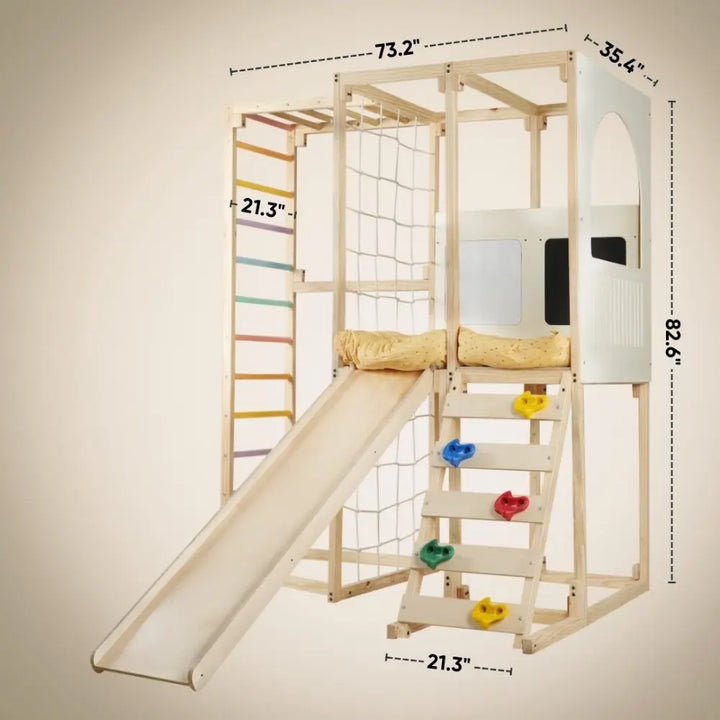 Curious Cub Playloft Indoor Jungle Gym | 8 Components - Rod Climbing, Monkey Bar, Rock Climbing, Slide, Rope Climbing, Playloft (Mattress included), Blackboard, Whiteboard | Ages 2-15 Years