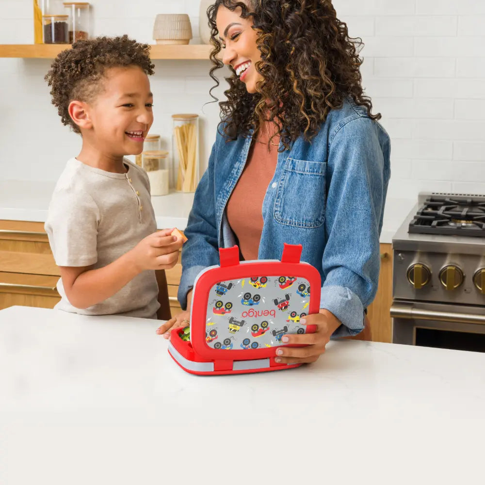 Bentgo Kids Prints with 5 Compartments, Leak-Proof Bento Lunch Box, BPA &amp; PFAS-Free, Microwave &amp; Dishwasher Safe Tray,  3–7 Years - Trucks