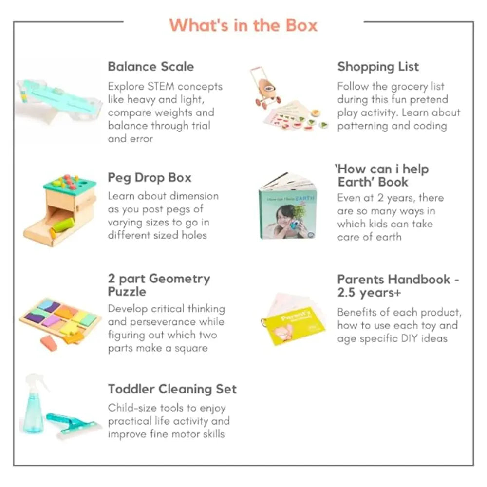 Curious Cub Montessori Box 13 | 7-Piece STEM &amp; Life Skills Toy Set | Balance Scale, Cleaning Set &amp; More | 2.5 Yrs+