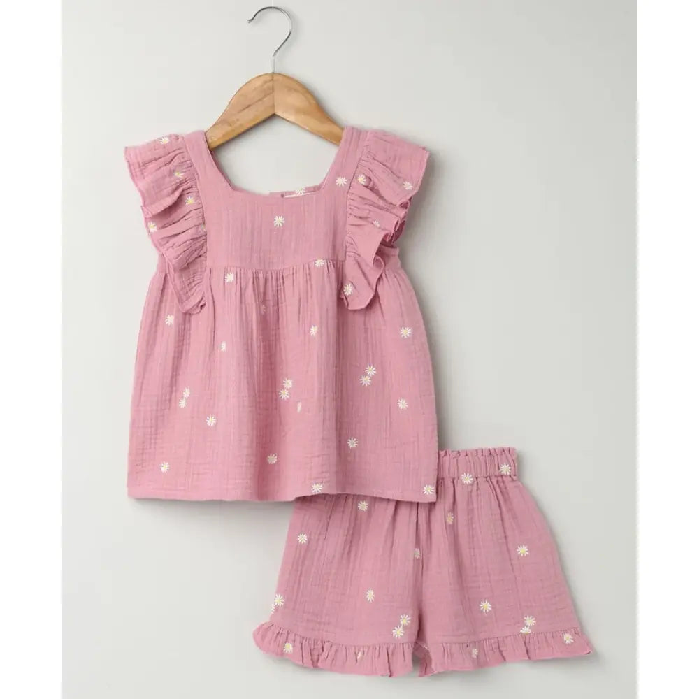 Sweetlime By AS Pink Floral Embroidery Organic Cotton Co-ord Set - Pink