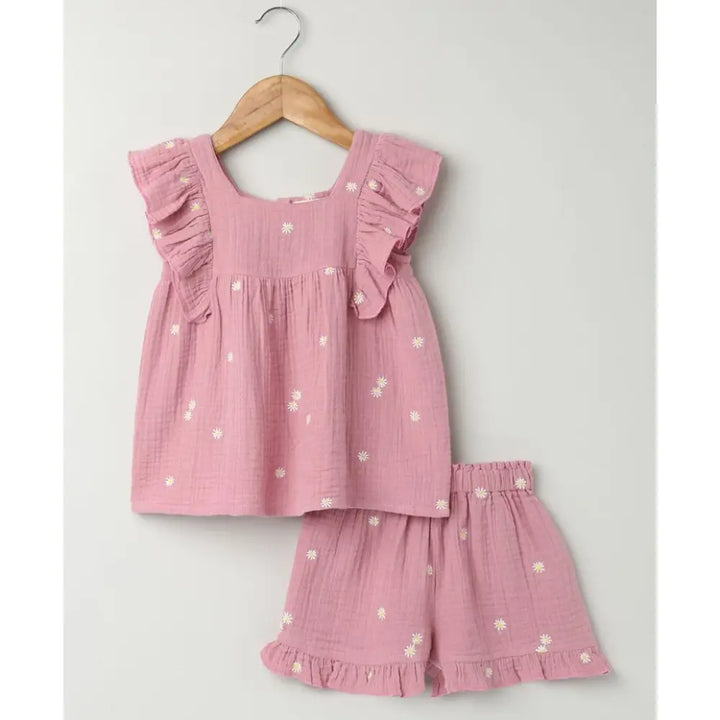 Sweetlime By AS Pink Floral Embroidery Organic Cotton Co-ord Set - Pink
