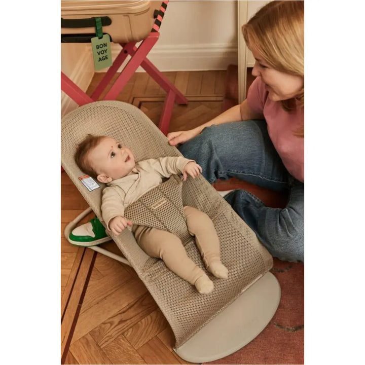 BabyBjorn Bliss Bouncer Mesh, Lightweight Ergonomic Baby Bouncer with Natural Rocking, Convertible to a Toddler Chair, Ergonomic design, Newborn to Toddler (0–2 Years) - Grey Beige